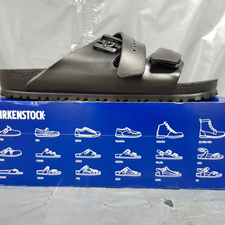 BOXED PAIR OF BIRKENSTOCK ARIZONA EVA OPEN TOE SANDALS IN BLACK SIZE UK 11.5