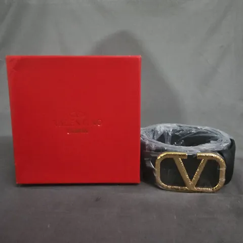 VALENTINO BLACK LEATHER BELT WITH GOLD V BUCKLE – BOXED