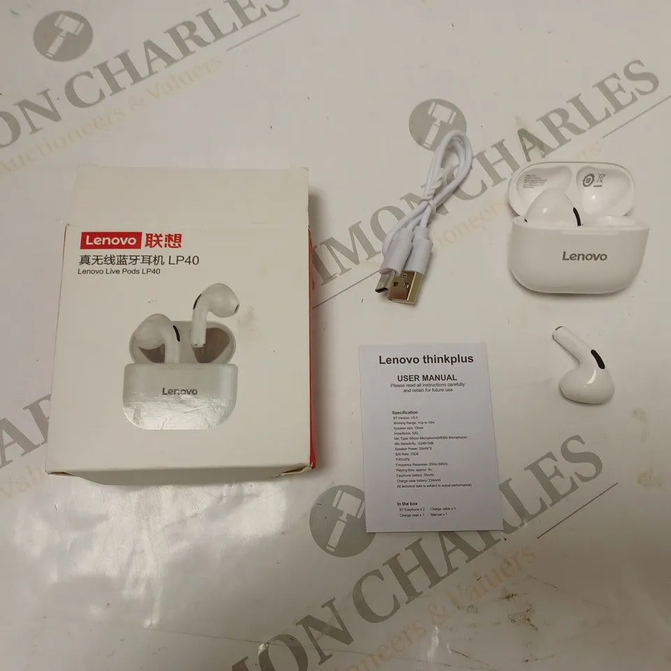 BOXED LENOVO THINKPLUS WIRELESS EAR BUDS - MODEL LP40 - WITH CHARGING DOCK, USB CABLE AND INSTRUCTIONS