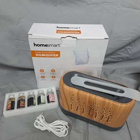 Homesmart Flame Glow Aroma Humidifier – Wood Grain Finish with Essential Oils Set