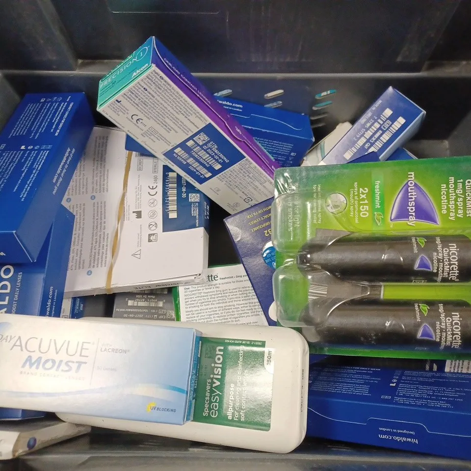 BOX TO CONTAIN APPROX. 25 X ASSORTED VISION CARE & HEALTH CARE PRODUCTS. INCLUDES PACKS OF CONTACT LENSES, CONTACT LENSES CLEANING SOLUTION & NICORETTE SPRAY. - COLLECTION ONLY