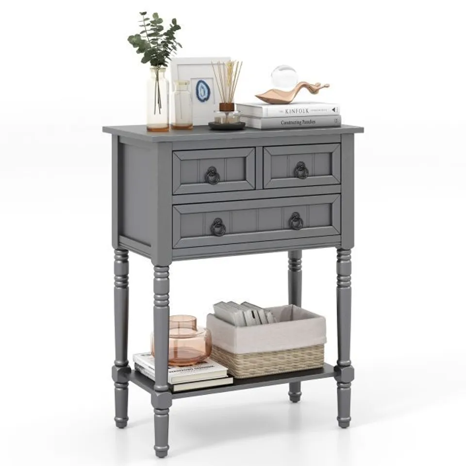 BOXED COSTWAY NARROW CONSOLE TABLE WITH 3 STORAGE DRAWERS AND OPEN BOTTOM SHELF