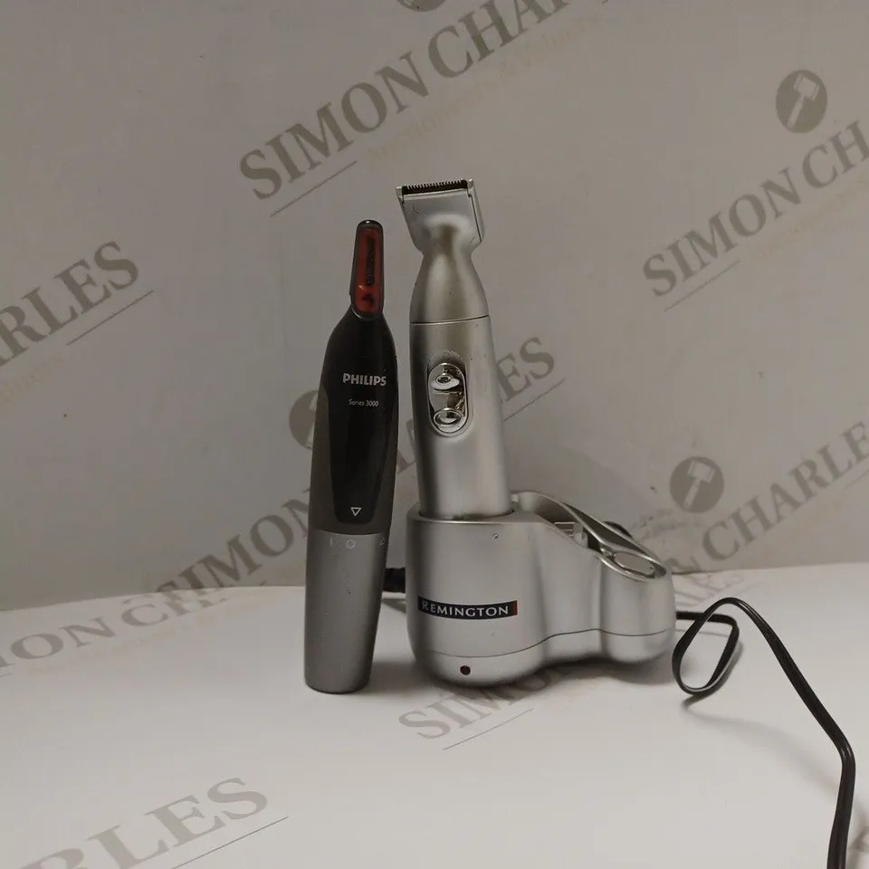 BOX OF 2 SHAVING ITEMS TO INCLUDE - PHILIPS SERIES 3000 - REMINGTON PERSONAL MALE GROOMER - WASHBAG 