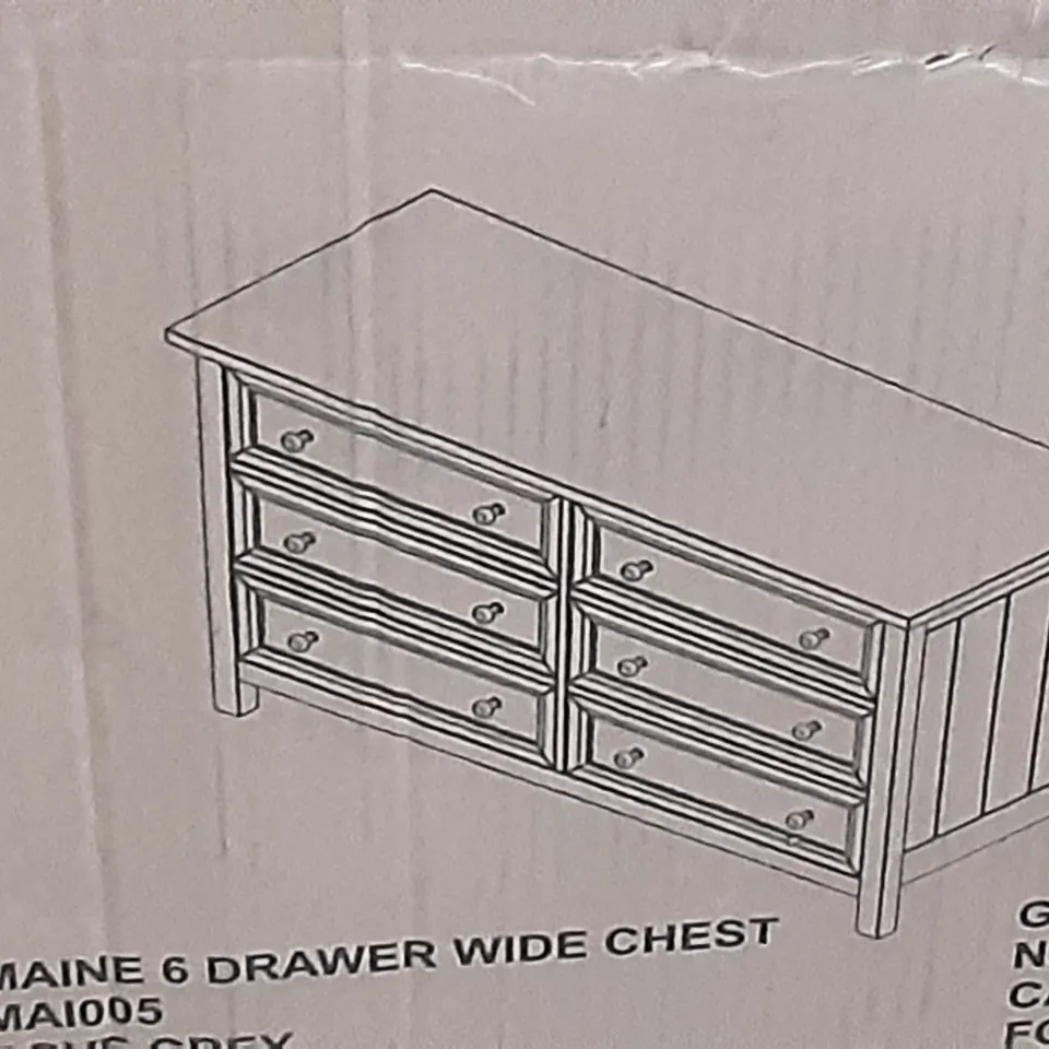 BOXED MAINE 6 DRAWER WIDE CHEST IN DOVE GREY 