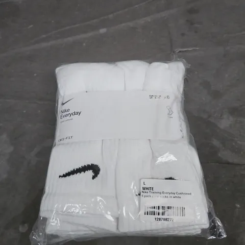 NIKE EVERYDAY CUSHIONED CREW SOCKS – 6 PACK, WHITE -UK 8–11