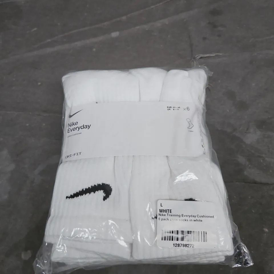 NIKE EVERYDAY CUSHIONED CREW SOCKS – 6 PACK, WHITE -UK 8–11
