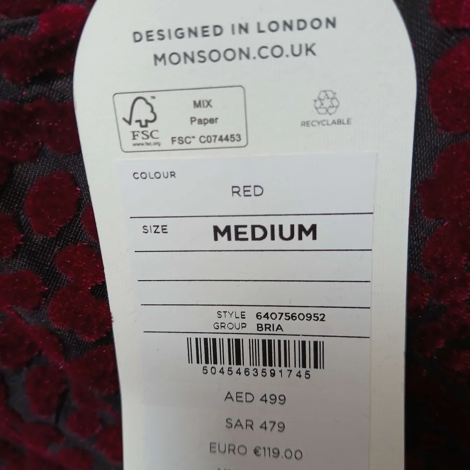 MONSOON BRIA  BURN OUT MIDI  RED DRESS SIZE M