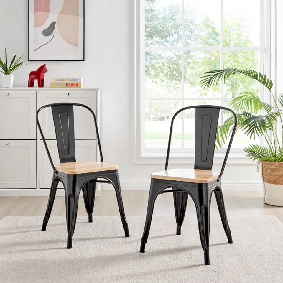 BOXED SET OF 2 HONORA INDUSTRIAL CLASSIC METAL FRAME WOOD SEAT DINING CHAIR - BLACK (1 BOX)