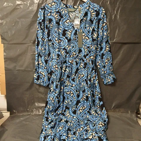 RUTH LANGSFORD PRINTED BELTED DRESS TALL IN BLUE MULTI - SIZE 12