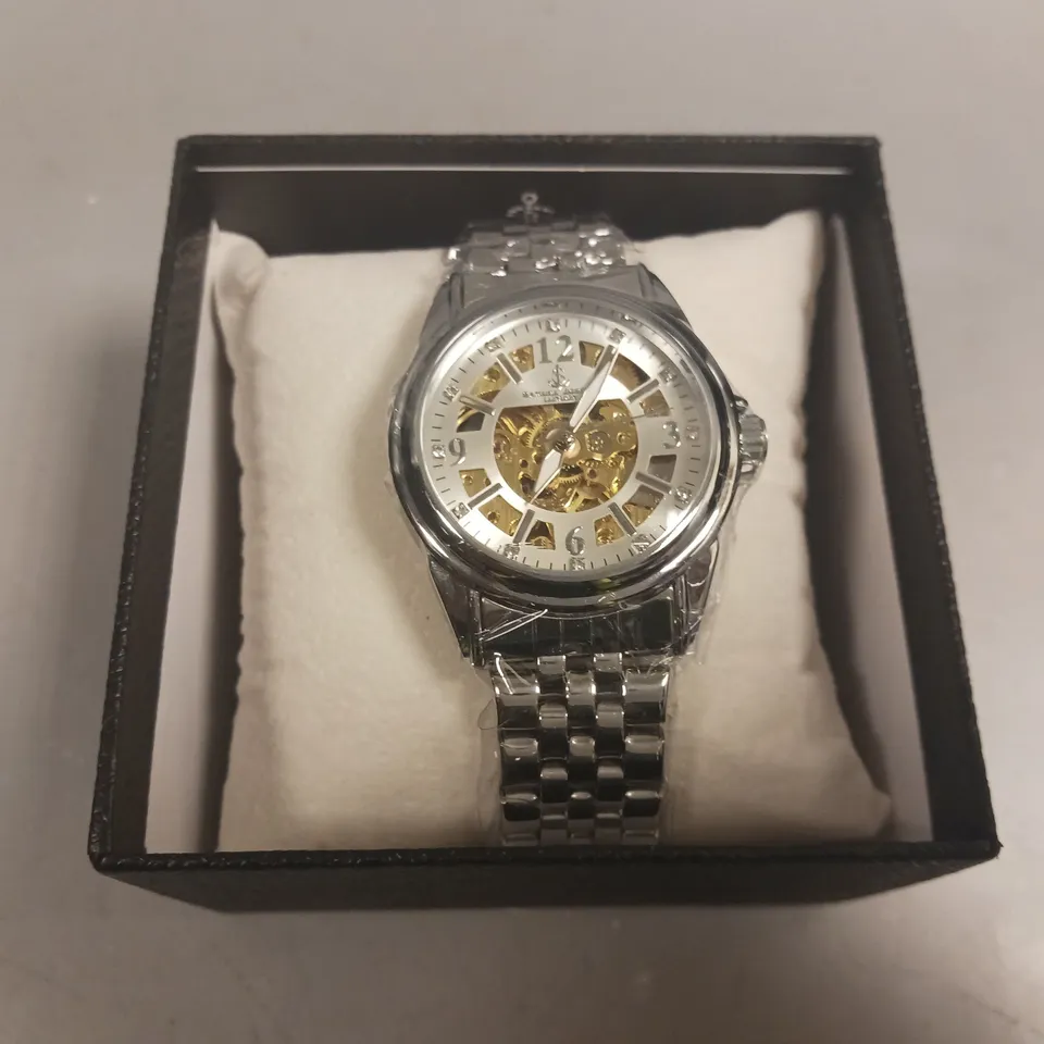 BOXED SAMUEL JOSEPH SKELETON JUBILEE STEEL WATCH