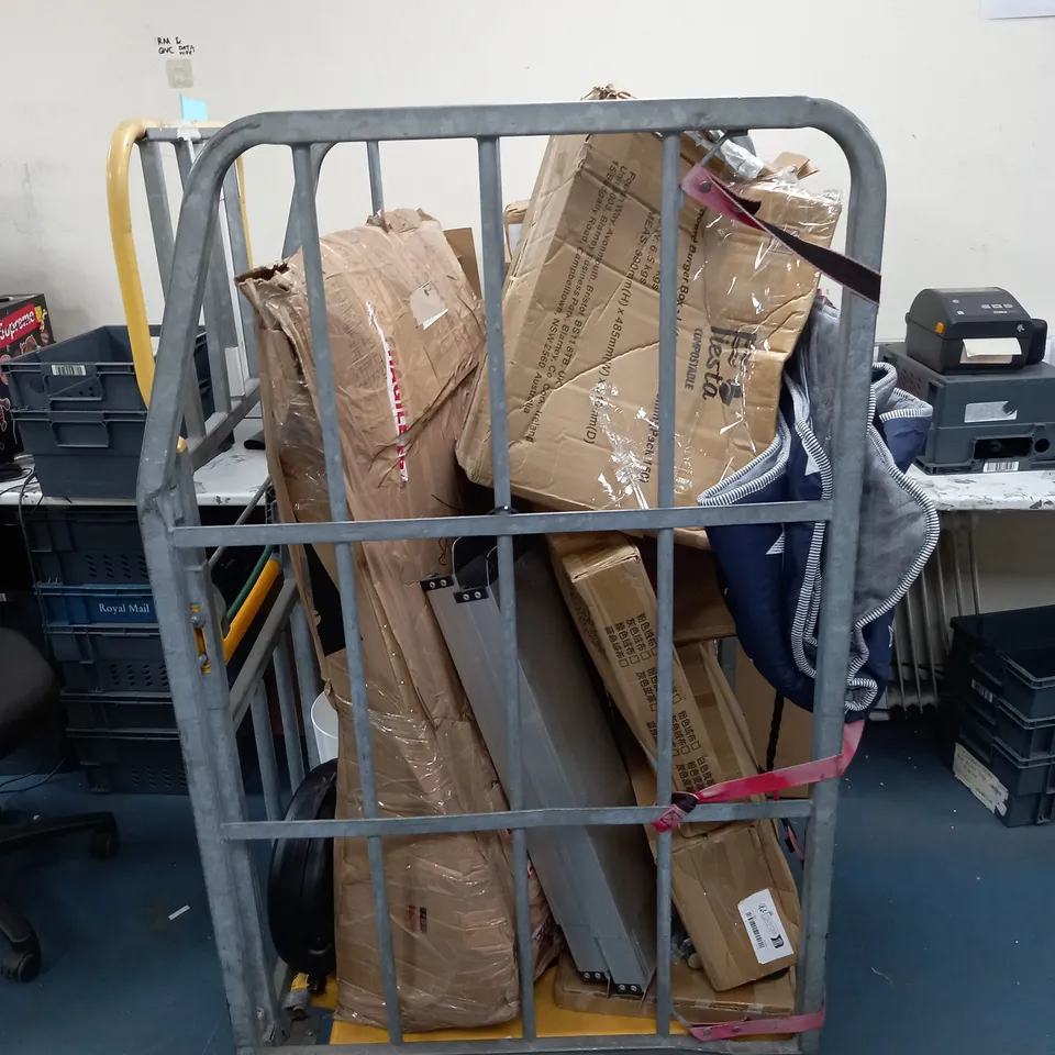 CAGE OF ASSORTED HOUSEHOLD ITEMS TO INCLUDE VACUUM, GARDEN CHAIR, ELECTRIC SCOOTER, AND BABY MAT ETC.