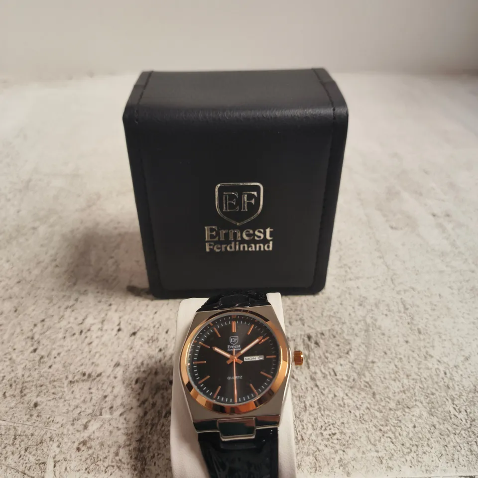 ERNEST FERDINAND MEN'S WRISTWATCH – BLACK DIAL, ROSE GOLD BEZEL, LEATHER STRAP