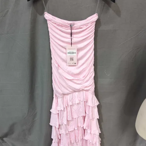 OH POLLY  PINK RUCHED DRESS WITH SPAGHETTI STRAPS AND TIERED RUFFLE SKIRT 