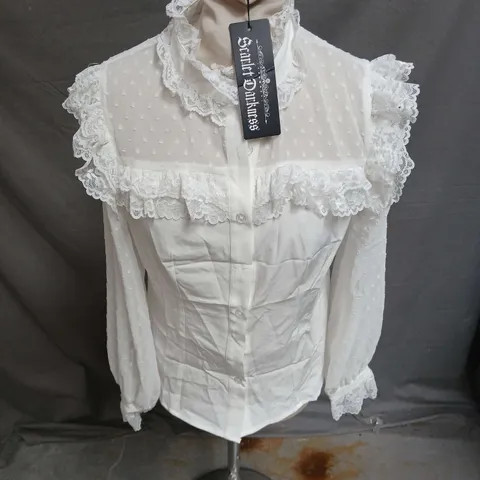 SCARLETT DARKNESS LACE RUFFLE BUTTON UP SHIRT IN WHITE SIZE S