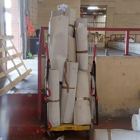 CAGE CONTAINING A LARGE ASSORTMENT OF SMALL CARPETS/CARPET CUT-OFFS // CAGE NOT INCLUDED 