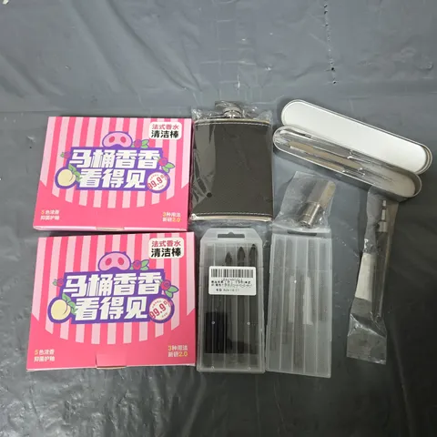 APPROXIMATELY 15 HOUSEHOLD ITEMS TO INCLUDE TOILET FRAGRANCE STICKS, HIP FLASK, DRILL BITS ETC 