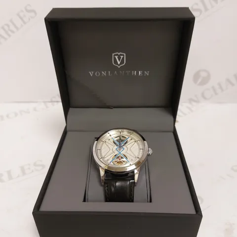 MENS VONLANTHEN AUTOMATIC WATCH – SILVER AND BLUE TEXTURED DIAL - GLASS EXHIBITION BACKCASE – BLACK LEATHER STRAP