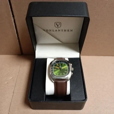 BOXED VONLANTHEN STAINLESS STEEL WATCH WITH GREEN DIAL AND BROWN LEATHER STRAP