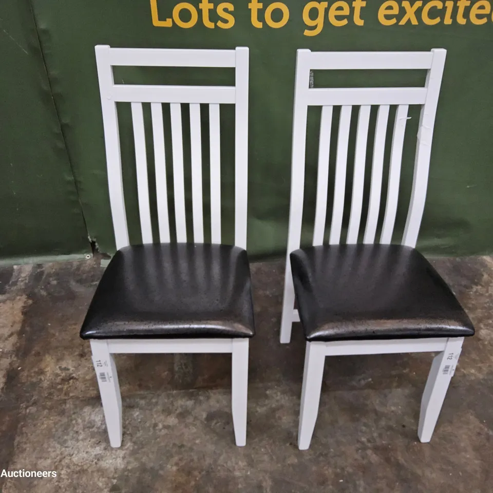 PAIR OF WHITE PAINTED FRAME DINING CHAIRS BLACK PU SEAT PADS