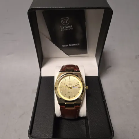 BOXED ERNEST FERDINAND GOLD FACE CLASSIC WATCH 