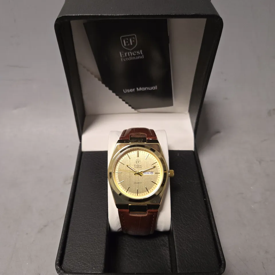 BOXED ERNEST FERDINAND GOLD FACE CLASSIC WATCH 