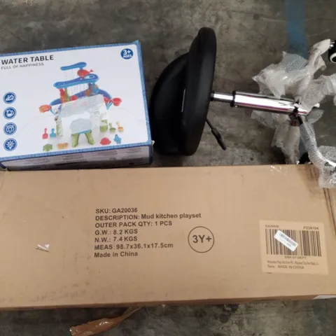 PALLET OF ASSORTED PRODUCTS INCLUDING MUD KITCHEN PLAYSET, WATER TABLE, OFFICE STOOL, PORTABLE MONITOR 