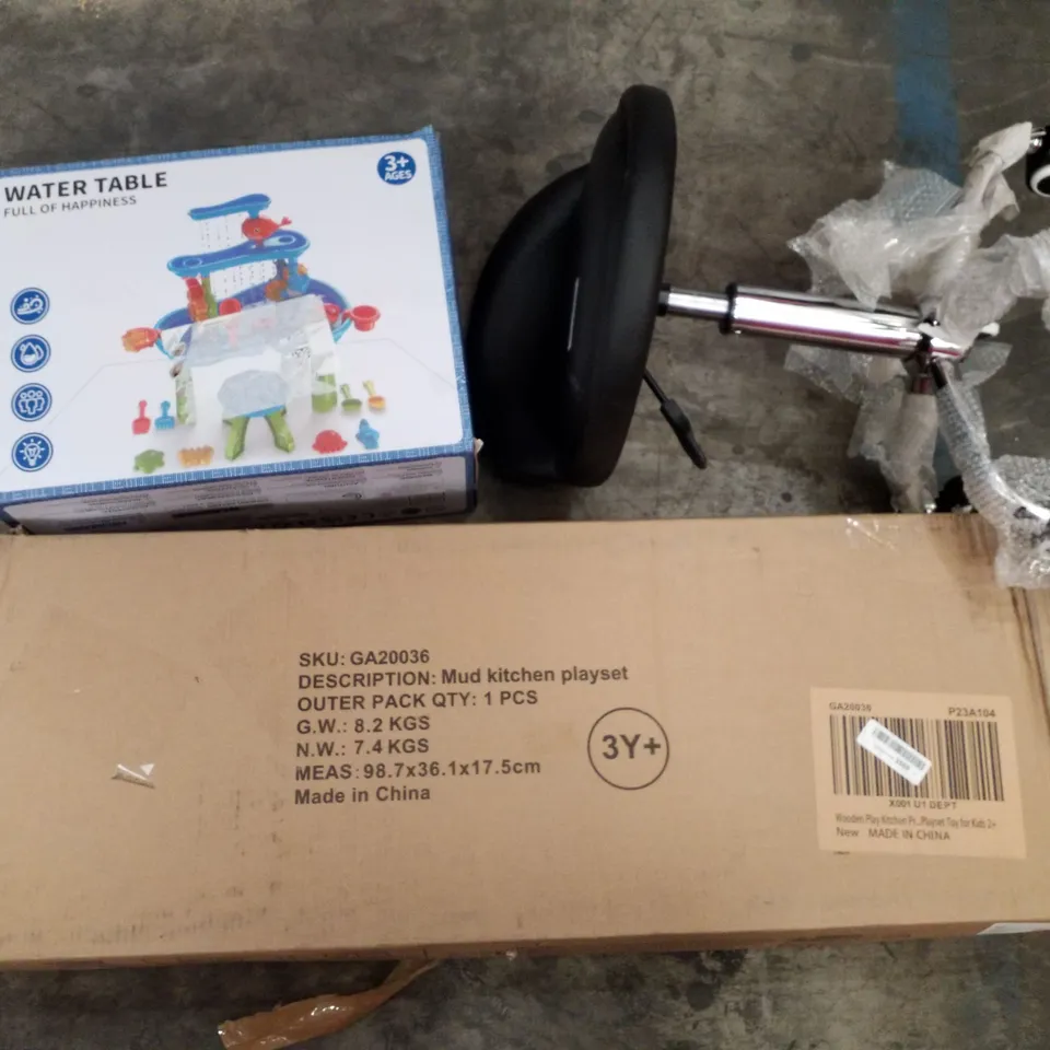 PALLET OF ASSORTED PRODUCTS INCLUDING MUD KITCHEN PLAYSET, WATER TABLE, OFFICE STOOL, PORTABLE MONITOR 