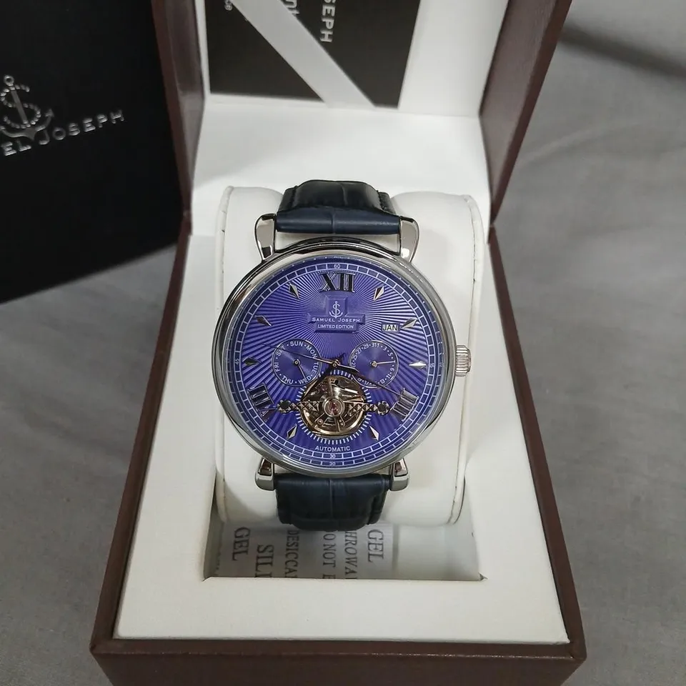 SAMUEL JOSEPH AUTOMATIC LIMITED EDITION SILVER BLUE WATCH – BLUE LEATHER STRAP SJ0005