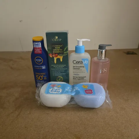 TOTE OF APPROXIMATELY 20 ASSORTED COSMETIC ITEMS TO INCLUDE NIVEA SUN, HAIR GROWTH SHAMPOO, CERA VE, FRAGRANCE SOCIETY HAND WASH, BABY SPONGES ETC