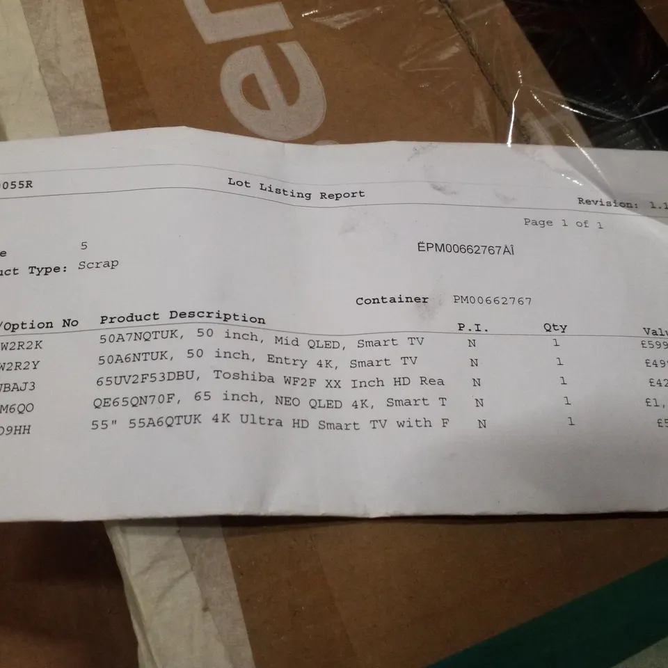 PALLET CONTAINING 5 ASSORTED DAMAGED TVS