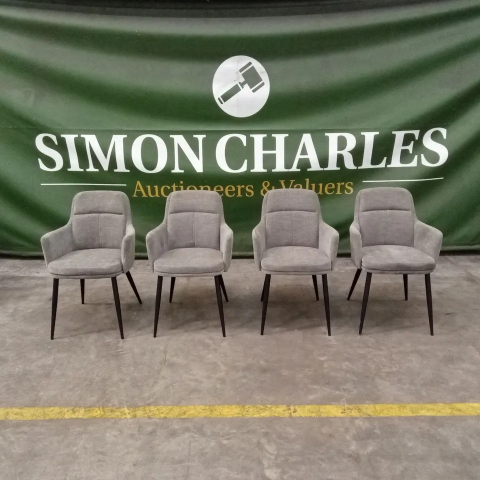 SET OF 4 QUALITY DESIGNER GREY FABRIC DINING CHAIRS WITH BLACK METAL LEGS