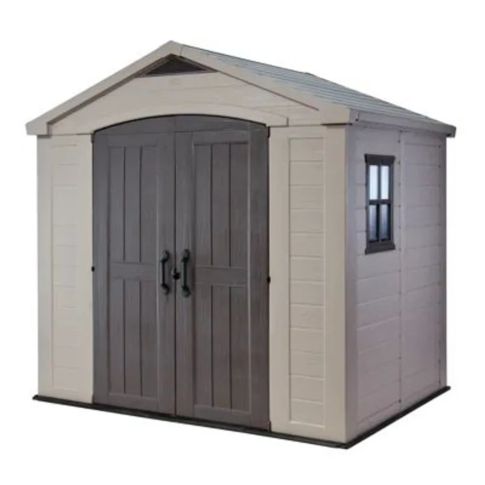 BOXED KETER FACTOR 8FT W × 6FT D APEX OUTDOOR GARDEN SHED (2 BOXES)
