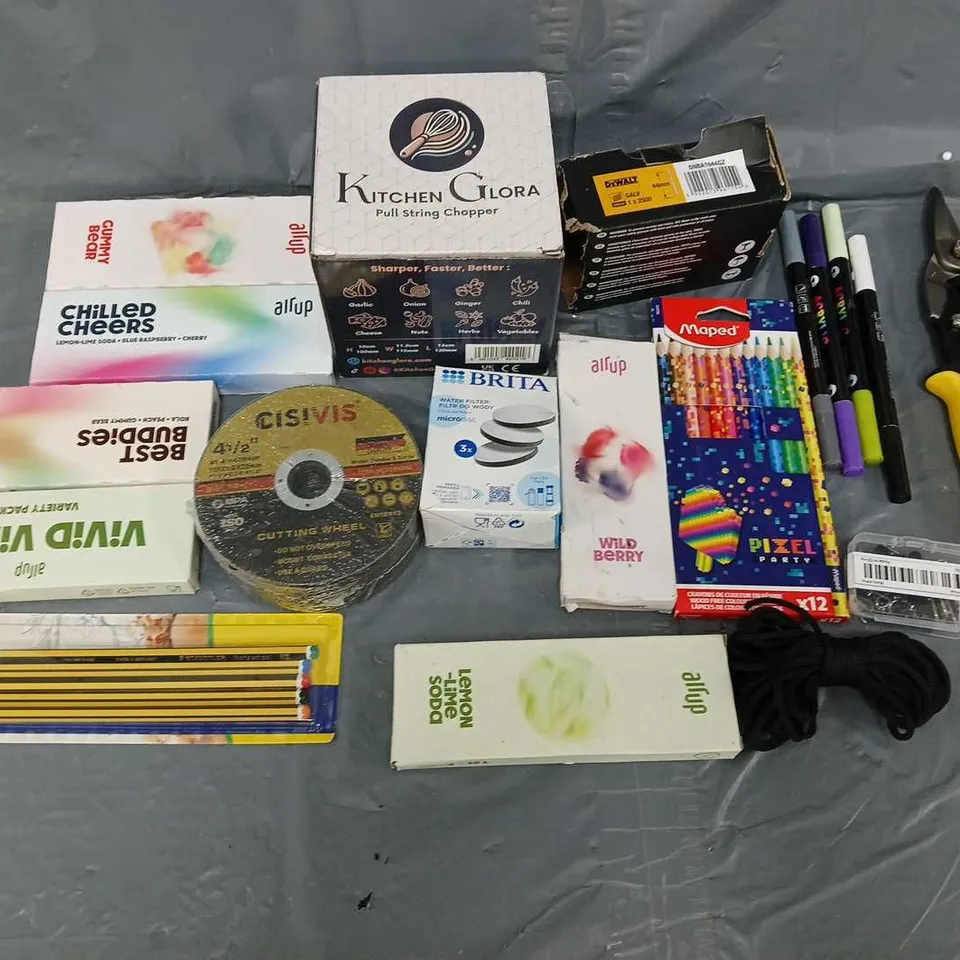 APPROXIMATELY 10 ASSORTED HOUSEHOLD ITEMS TO INCLUDE - AIR UP FLAVOURS, PENCILS, AND CISIVIS CUTTING WHEEL ETC. 