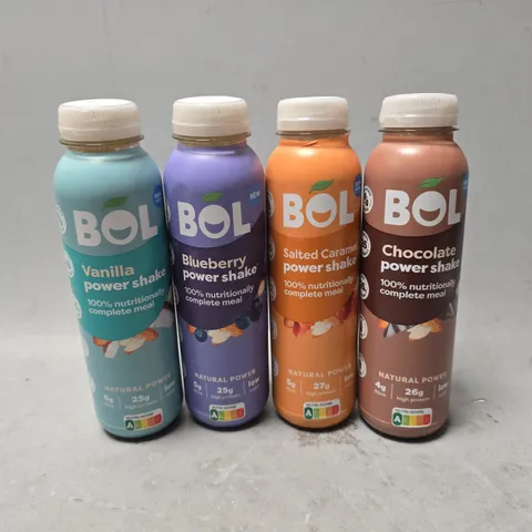 BOX OF APPROXIMATELY 12 BOL DRINKS TO INCLUDE - CHOCOLATE POWER SHAKE , SALTED CARAMEL , BLUEBERRY ETC