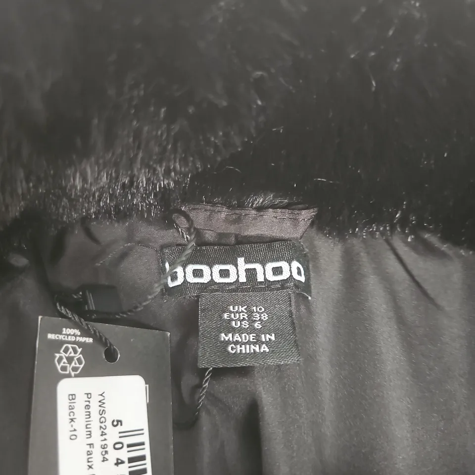 BOOHOO UK 10 BLACK PREMIUM FAUX FUR COAT