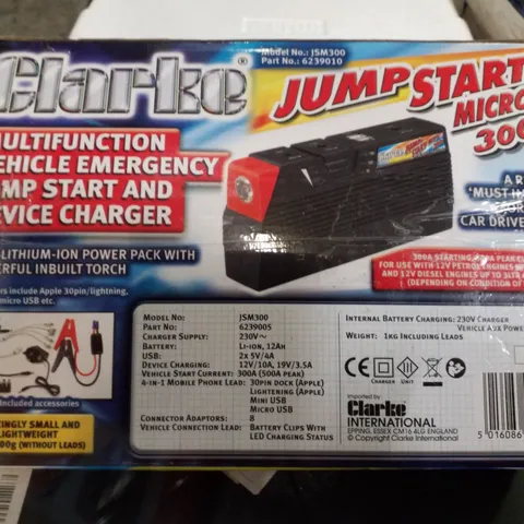 BOXED CLARKE JSM300 500A MULTIFUNCTION MICRO JUMPSTART/PORTABLE DEVICE CHARGER POWER PACK