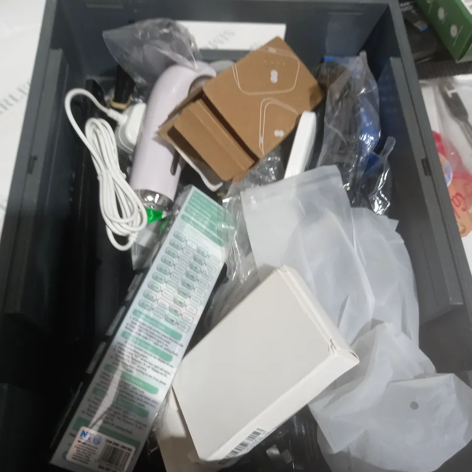 BOX OF APPROXIMATELY 15 ASSORTED ITEMS TO INCLUDE - TV REMOTES, EE DATA BOX, MASSAGER ETC