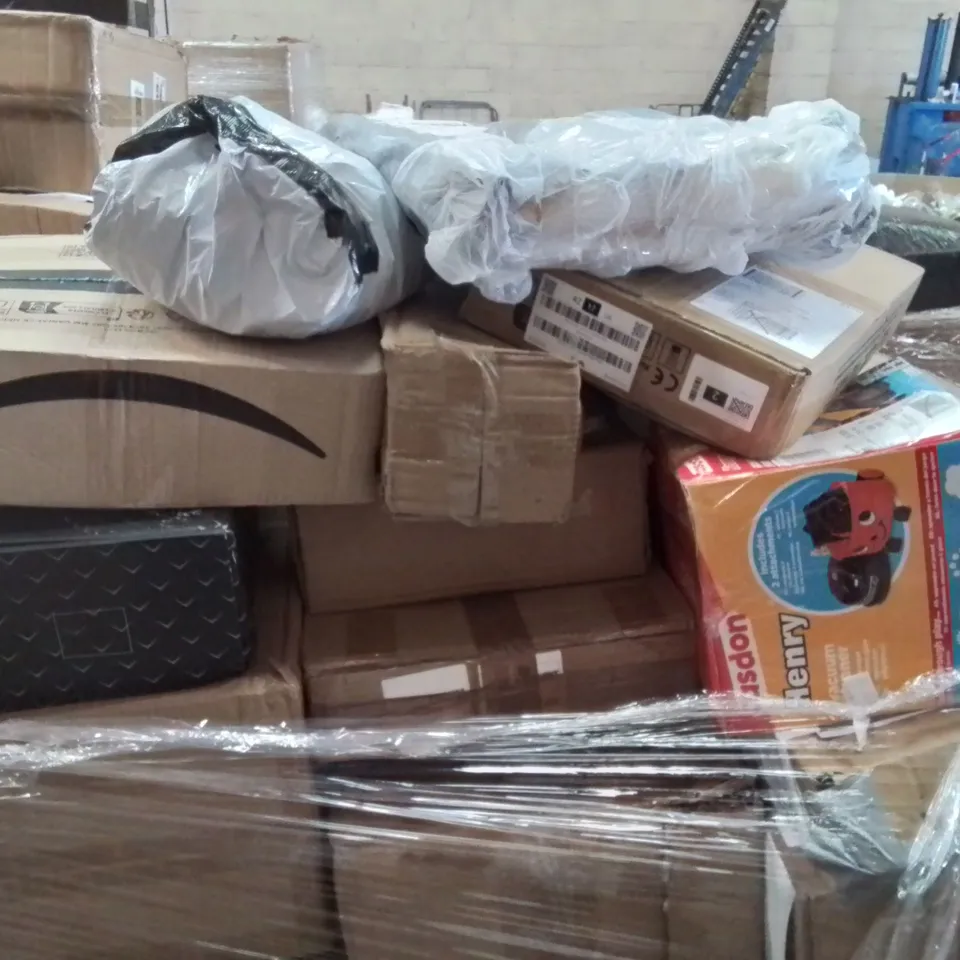 PALLET CONTAINING VARIOUS ASSORTED ITEMS TO INCLUDE, CORDLESS DRILL, ELECTRIC KETTLE,  HANDHELD PRESSURE WASHER, KIDS HENRY HOOVER AND LOTS MORE UNMARKED BOXED ITEMS 