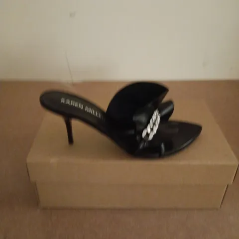 BOXED PAIR OF KAREN MILLEN LEATHER JEWELLED RUCHED LOW HEELS IN BLACK - SIZE 38