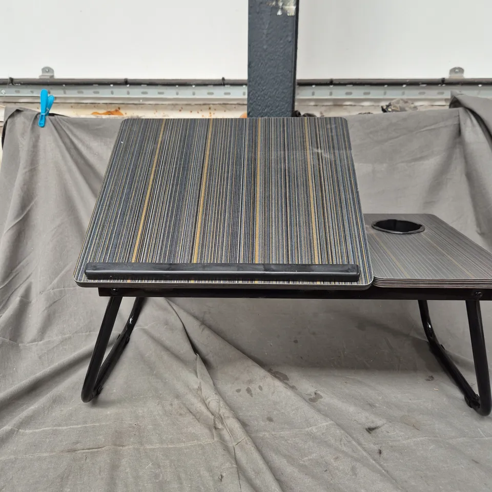 ADJUSTABLE LAPTOP DESK WITH WOOD-GRAIN TOP AND FOLDABLE BLACK METAL LEGS