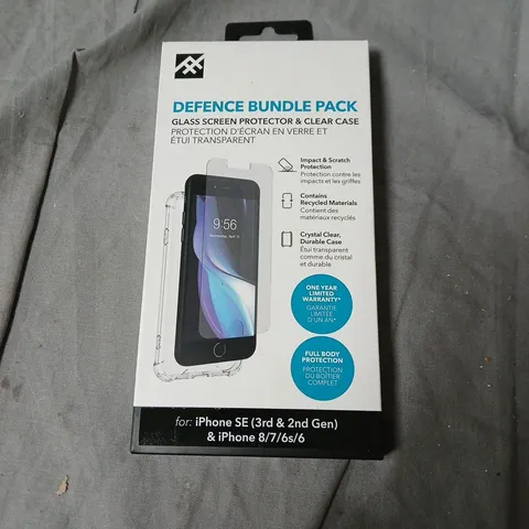 BOX OF APPROXIMATELY 70 DEFENCE BUNDLE PACK: GLASS SCREEN PROTECTOR & CLEAR CASE FOR IPHONE SE (3RD & 2ND GEN) AND IPHONE 8/7/6