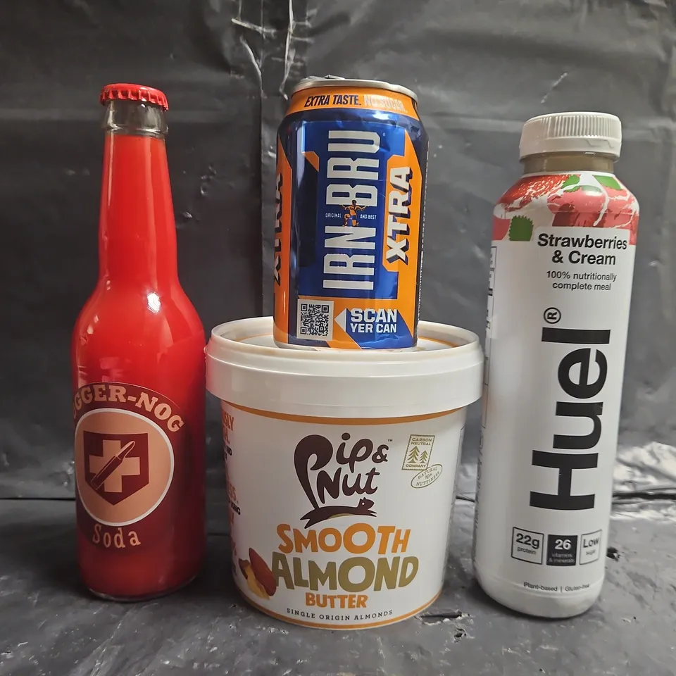 APPROXIMATELY 10 ASSORTED FOOD AND DRINK ITEMS TO INCLUDE HUEL, IRN BRU XTRA, ETC