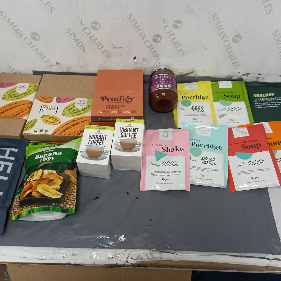 APPROXIMATELY 5 ASSORTED FOOD ITEMS TO INCLUDE - SHREDDY SUPERGREENS, LUISA BOX OF 24 CHOCOLATE BARS, AND PRODIGY SALTED CARAMEL CHOCOLATE ETC. 