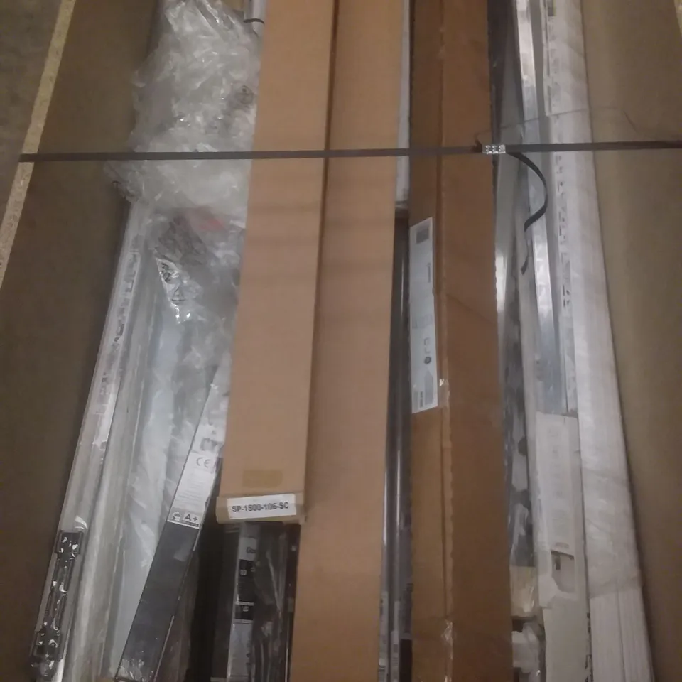 PALLET OF ASSORTED FLOORING ACCESSORIES SUCH AS, alara POST KIT AND POST EXTENDERS, SLIDING DOOR TRACK SETS AND OLENI SLIDING DOOR SYSTEM