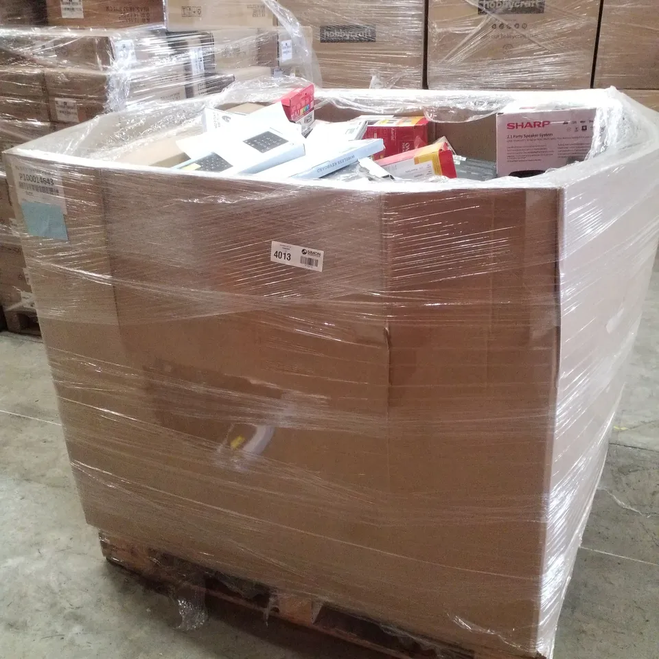PALLET CONTAINING ASSORTED ELECTRICAL RETURNS INCLUDING BLUETOOTH PARTY SPEAKER, WIRELESS KEYBOARD AND MOUSE, WIRELESS HEADPHONES, AERIAL & OLED TV WALL MOUNT