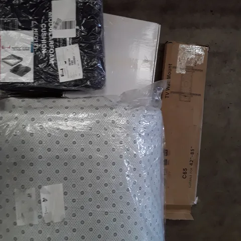 PALLET TO CONTAIN AN ASSORTMENT OF HOUSEHOLD ITEMS TO INCLUDE MATTRESS, CUSHIONS, WALL CLOCKS AND T.V. WALL MOUNT ECT