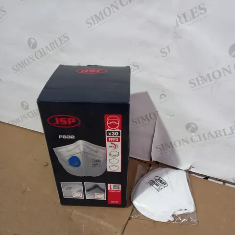 BOX OF APPROXIMATELY 12 BRAND NEW PACKS OF JSP F632 FFP3 FACE MASKS (APPROX 30 PER PACK)