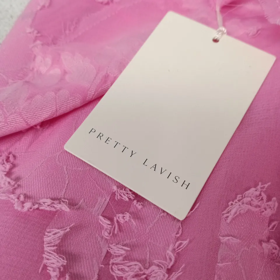 PRETTY LAVISH HELENA RUFFLE JACQUARD MAXI DRESS – PEONY PINK, UK 10