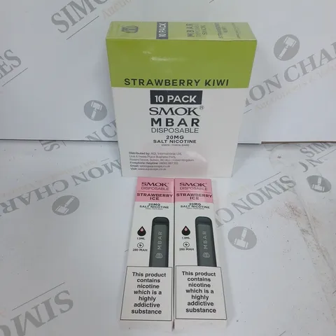 BOX OF APPROXIMATELY 10 BOXES OF STRAWBERY KIWI, STRAWBERRY ICE 10 PACK SMOK M BAR DISPOSABLE 20MG SALT NICOTINE