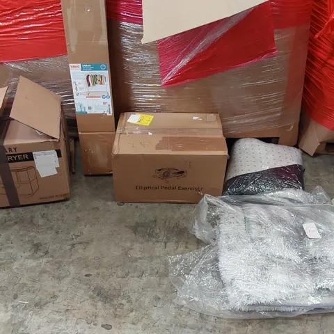 PALLET OF ASSORTED ITEMS INCLUDING: AIR FRYER, ELLIPTICAL PEDAL EXERCISER, RUGS, HEAVY DUTY CLOTHES DRYER